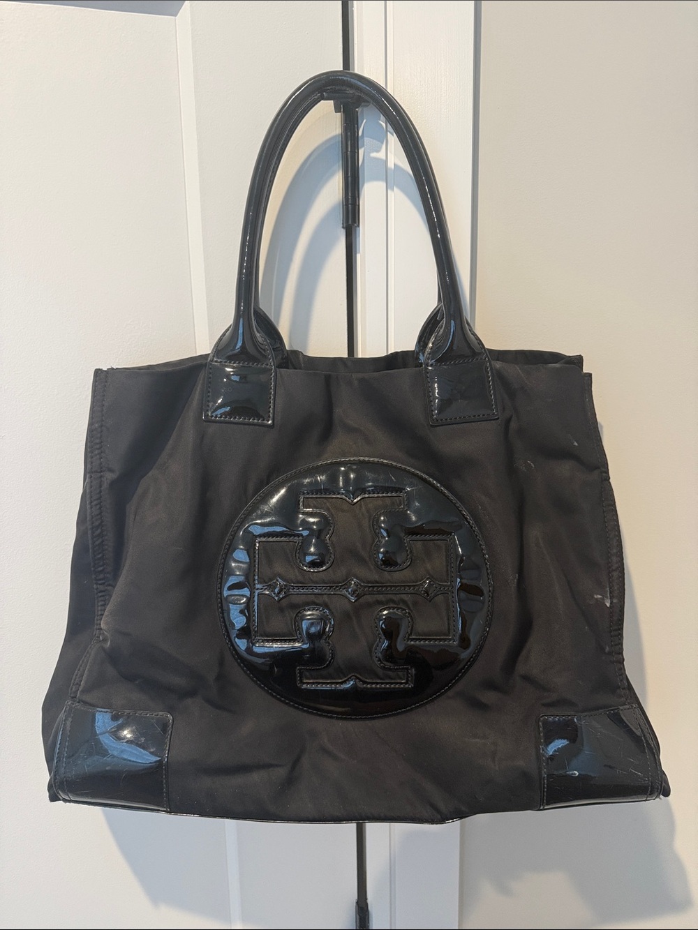 Tory Burch Black Patent-Trim Logo Tote